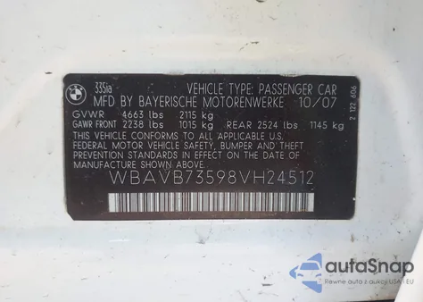 2008 BMW 335I from USA, damaged, VIN WBAVB73598VH24512